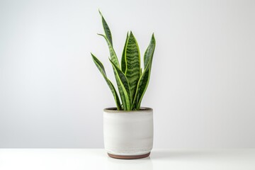 mother-in-law's tongue plant in pot on white  wall background