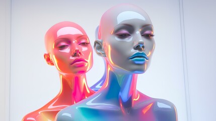 Fashionable and colorful, glossy mannequins in rainbow neon lighting.