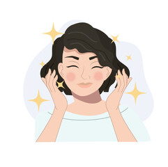 Happy Beauty Woman with Sparkling Skin Care. Glowing Facial Beauty. Flat vector cartoon illustration