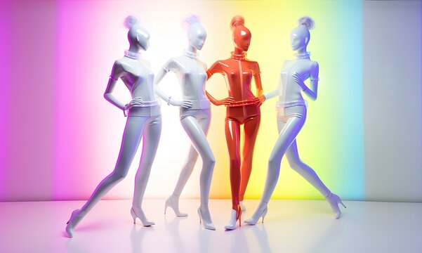 Fashionable and colorful, glossy mannequins in rainbow neon lighting.
