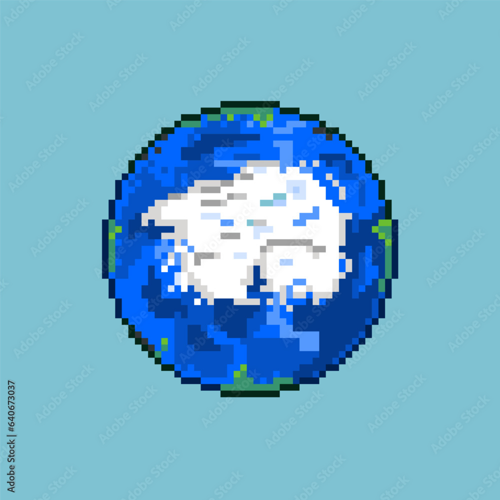 Poster pixel art of antarctica earth. pixel art art of earth with white zone in middle earth. 8bits perfect