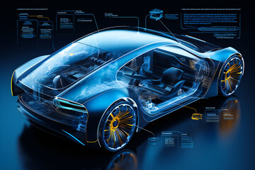 Hologram car with project infographics. Futuristic car designing concept.