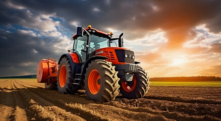 Obraz premium Red tractor working in the field at sunset