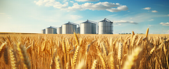 Wheat field in front of grain storage silos