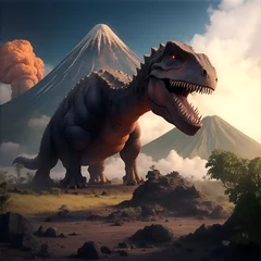 Wandcirkels plexiglas Big dinosaur in ancient environment, volcanoes and creative destroyed environment © شمس الدين DZ