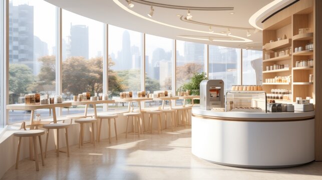 Small modern Korean style design cafe, glossy ivory white round corner