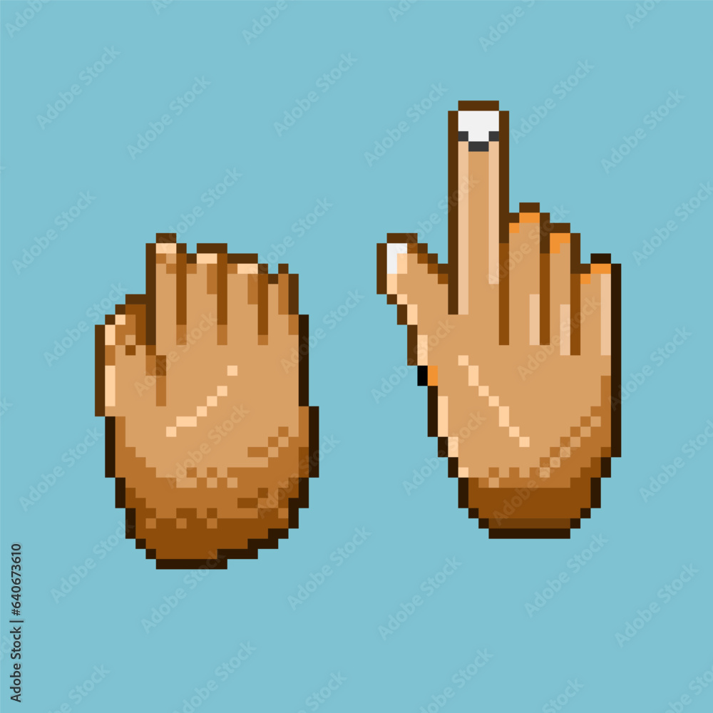 Poster pixel art of hand, while one hand its pointing, and the other grasp.sets of hand human pixelated sty