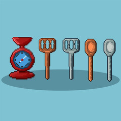 Pixel art sets of kitchens items.red scales,wood and silver spoon,wood and silver spatula. Pixel art,8bits perfect for game asset or design asset element for your game design asset.