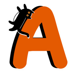 Capital Letter A,Orange Alphabet Clipart with Black Cat,Halloween theme
