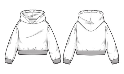 Long sleeve hoodie technical drawing fashion flat sketch vector illustration template for women's 