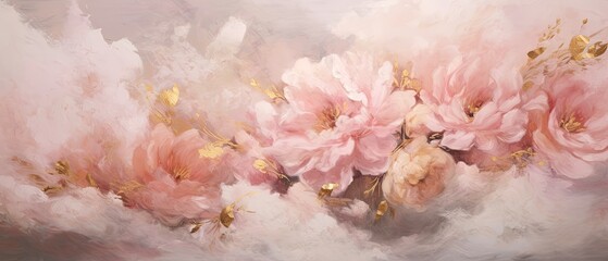 Dreamy drifts of blush pink, soft gold, and a touch of lilac, creating a canvas reminiscent of a rosy dawn's embrace