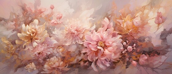 Dreamy drifts of blush pink, soft gold, and a touch of lilac, creating a canvas reminiscent of a rosy dawn's embrace