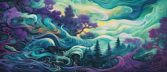 Flowing trails of jade green, royal purple, and gold highlights, weaving an abstract tale of enchanted forests and fairy tales