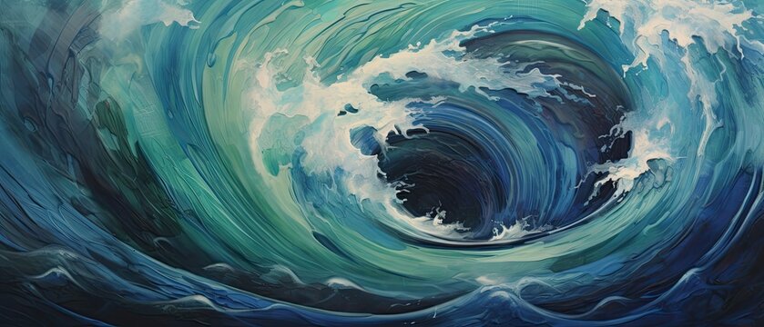 Enigmatic swirls of midnight blue, silver, and teal, forming deep vortexes that transport the viewer to the heart of a mystical ocean abyss