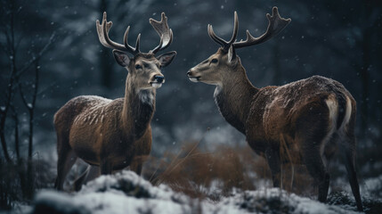 Noble deer male and female in winter snow forest.