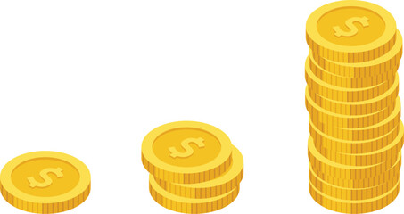 set of stacks of gold coins in isometric style on a transparent background