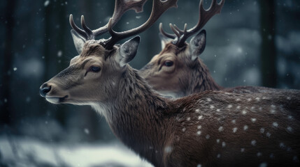 Noble deer male and female in winter snow forest.