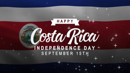 Independence Day Costa Rica Lettering Text Animation on Costa Rica Flag background. Celebrate Costa Rica National Day on 15th September. Great for celebrating Costa Rica Independence Day.