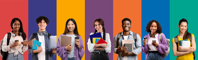 Set of multiracial students with backpacks, notepads on colorful background