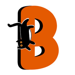 Capital Letter B,Orange Alphabet Clipart with Black Cat,Halloween theme
