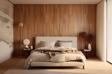 Perfect sleek bedroom, interior design details of luxurious natural furnished bedroom. Designer bedroom and living area in residential home