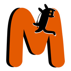 Capital Letter M,Orange Alphabet Clipart with Black Cat,Halloween theme
