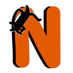 Capital Letter N,Orange Alphabet Clipart with Black Cat,Halloween theme
