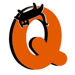 Capital Letter Q,Orange Alphabet Clipart with Black Cat,Halloween theme
