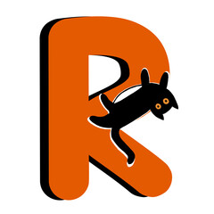 Capital Letter R,Orange Alphabet Clipart with Black Cat,Halloween theme
