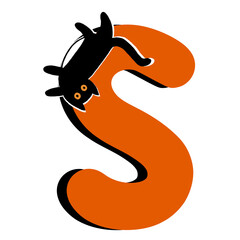 Capital Letter S,Orange Alphabet Clipart with Black Cat,Halloween theme
