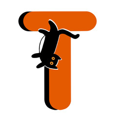 Capital Letter T,Orange Alphabet Clipart with Black Cat,Halloween theme
