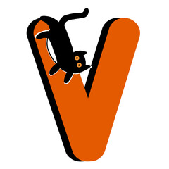 Capital Letter V,Orange Alphabet Clipart with Black Cat,Halloween theme
