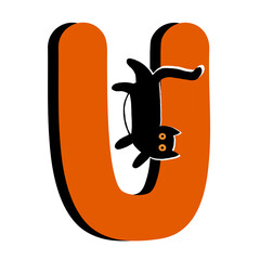Capital Letter U,Orange Alphabet Clipart with Black Cat,Halloween theme
