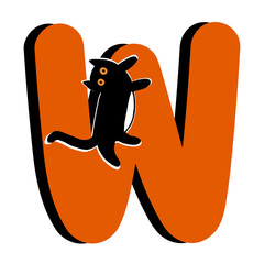 Capital Letter W,Orange Alphabet Clipart with Black Cat,Halloween theme
