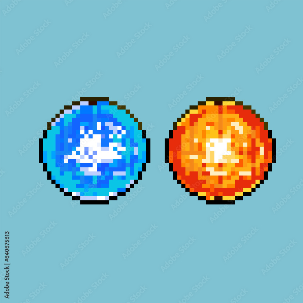 Poster pixel art sets of energy ball. red and blue energy balls on pixelated style. pixel art,8bits perfect