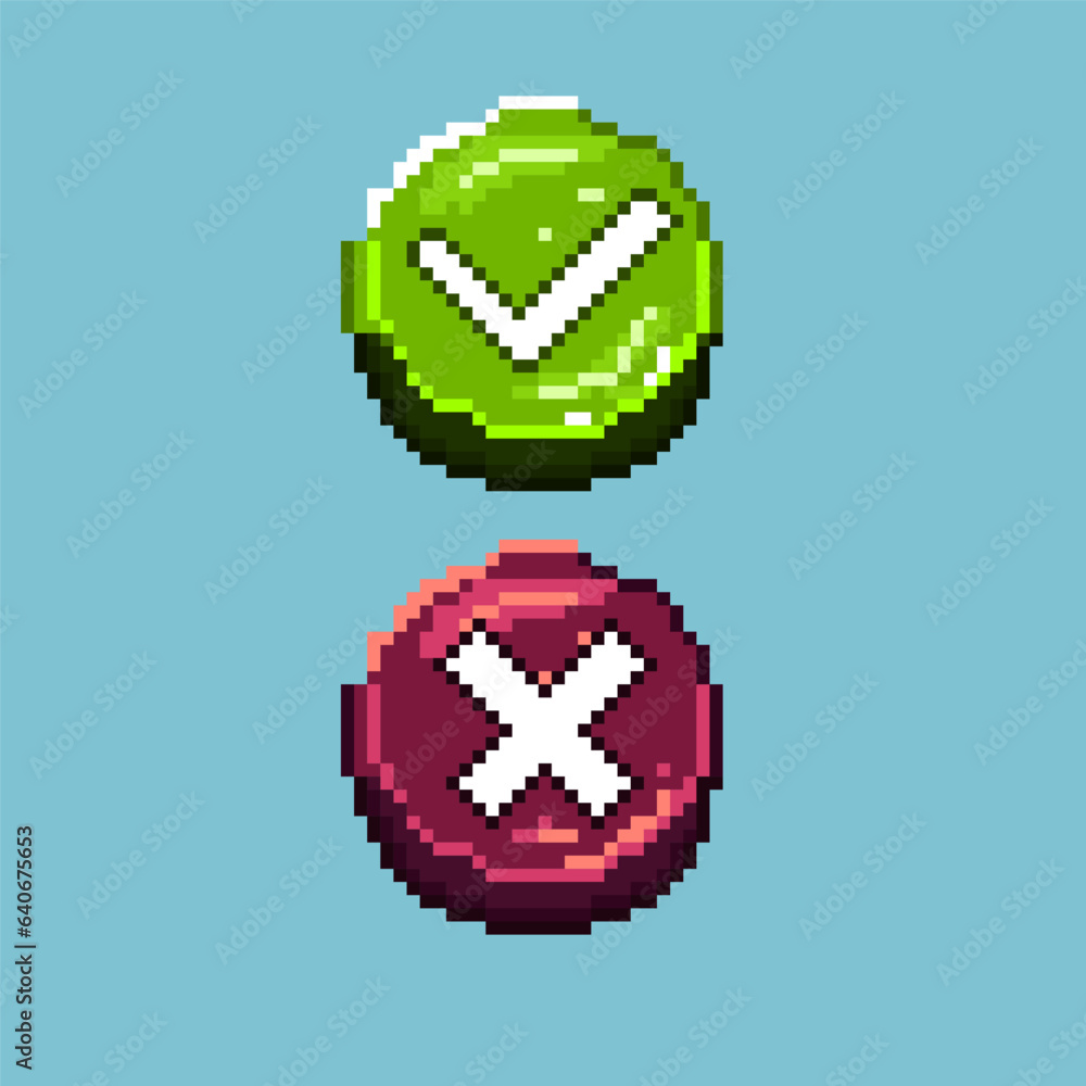 Poster pixel art sets of buttons.agree or approve and disagree or rejected buttons on pixelated style. pixe