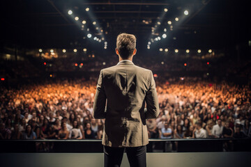 Handsome male motivational speaker holding a microphone in front on an audience. Man in a spotlight talking to a crowd. - obrazy, fototapety, plakaty