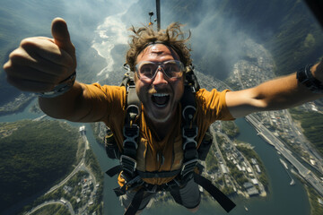 Young man before the bungee jump. Rope jumping, extreme sports and leisure activities.