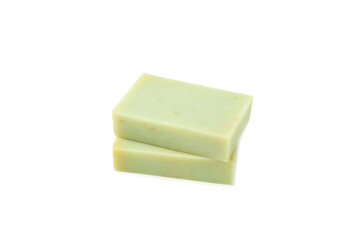 Natural bar of soap with olive oil extract isolated on white background. Pieces of green soap on a white background.