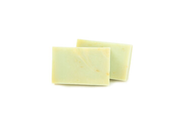 Natural bar of soap with olive oil extract isolated on white background. Pieces of green soap on a white background.