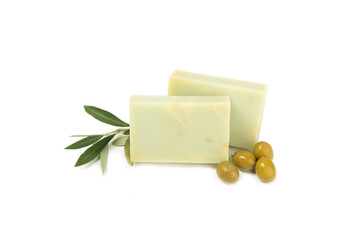 Natural bar of soap with olive oil extract isolated on white background. Pieces of green soap on a white background.