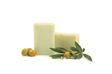 Natural bar of soap with olive oil extract isolated on white background. Pieces of green soap on a white background.