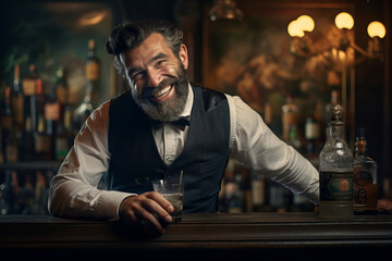 Cheerful male bartender behind the bar counter. Barman serving alcohol to guests at a nightclub.