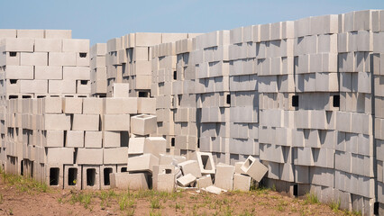 Concrete blocks, stacked high in a field, for construction of single-family houses in a suburban planned community in southwest Florida. For motifs of abundance, supply and demand, land development.