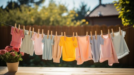 Colorful children's clothes are dried on the clothesline in the garden outside in the sun.