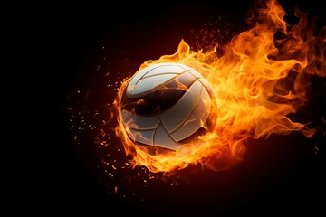 Fototapeta premium A volleyball engulfed in flames stands out against a black background