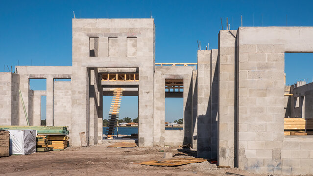 Concrete shell of upscale single-family house under construction by an artificial lake in a suburban residential development on a sunny morning in southwest Florida