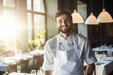 Cheerful restaurant chef holding a plate with some fancy dish on festive event, party or wedding reception.