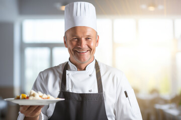 Cheerful restaurant chef holding a plate with some fancy dish on festive event, party or wedding reception.