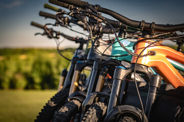 A row of mountain bikes. Transportation of bicycles by car.